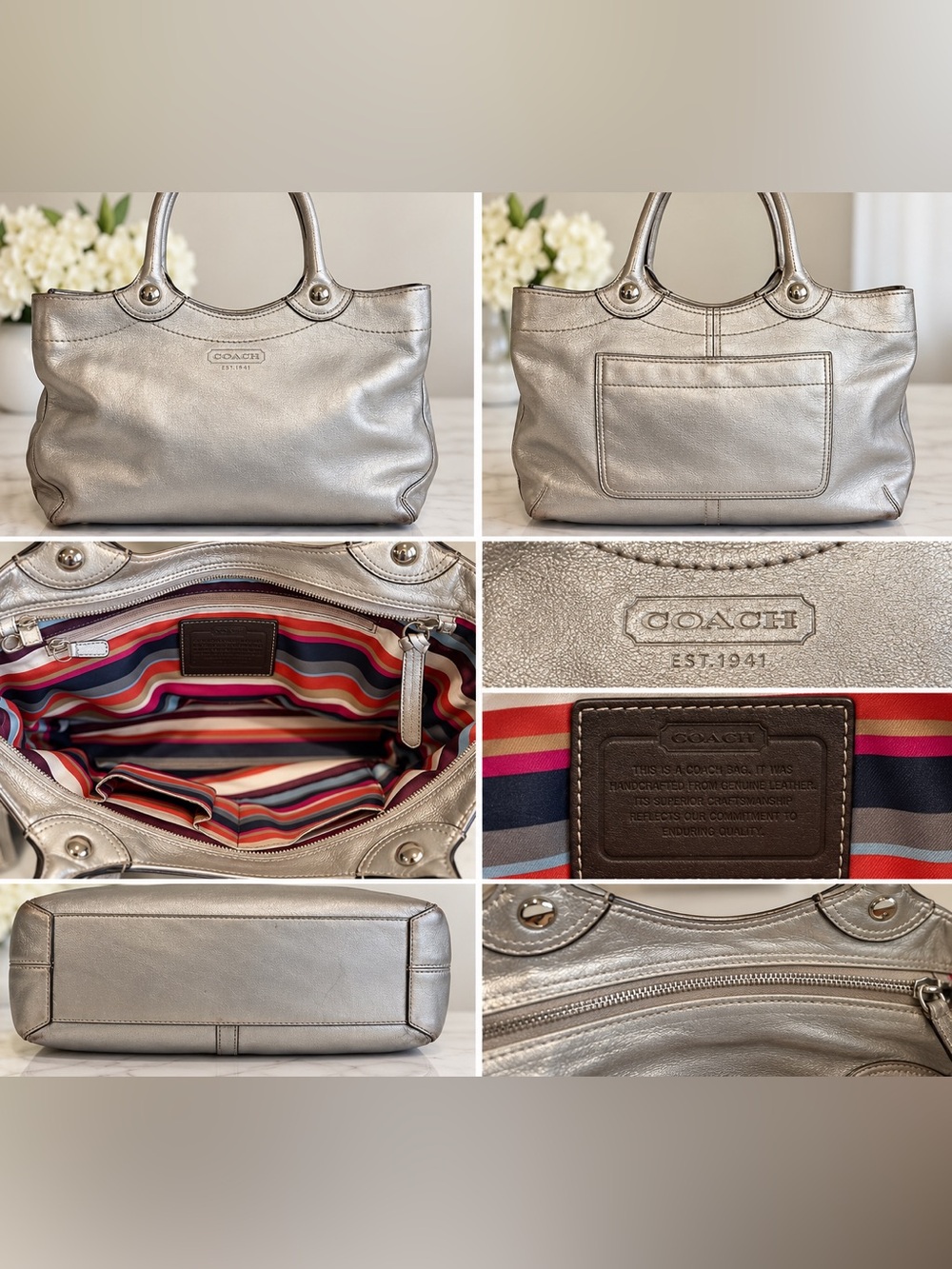 Coach F14364 Metallic Silver Leather Tote Shoulder Bag Multicolor Striped Lining